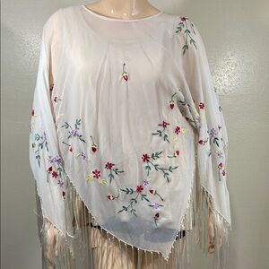 Embroidered Sheer Poncho with Fringe